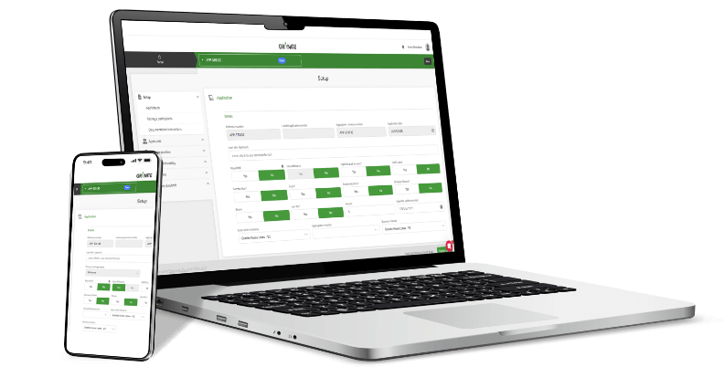 Mockup showing laptop and smartphone displaying the Granite lending platform interface with green action buttons and loan application dashboard across responsive devices.