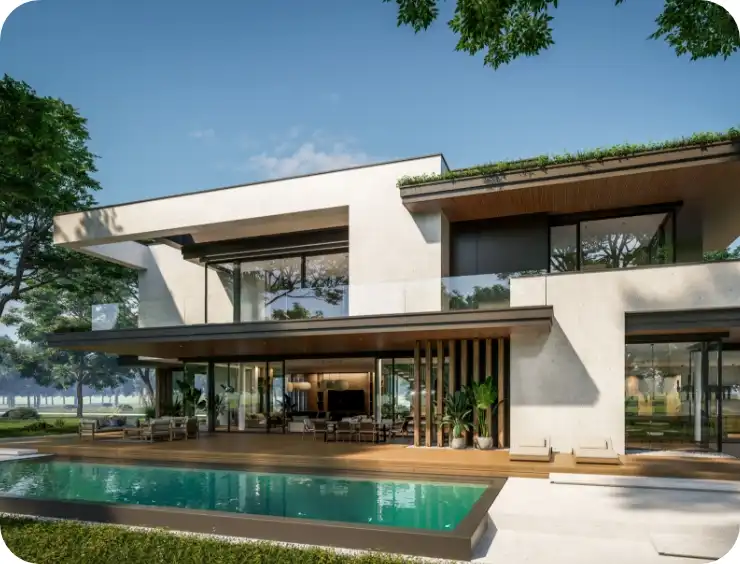 Contemporary two-storey white house with swimming pool in foreground, featuring expansive glass walls, covered outdoor entertaining area, and lush garden landscaping