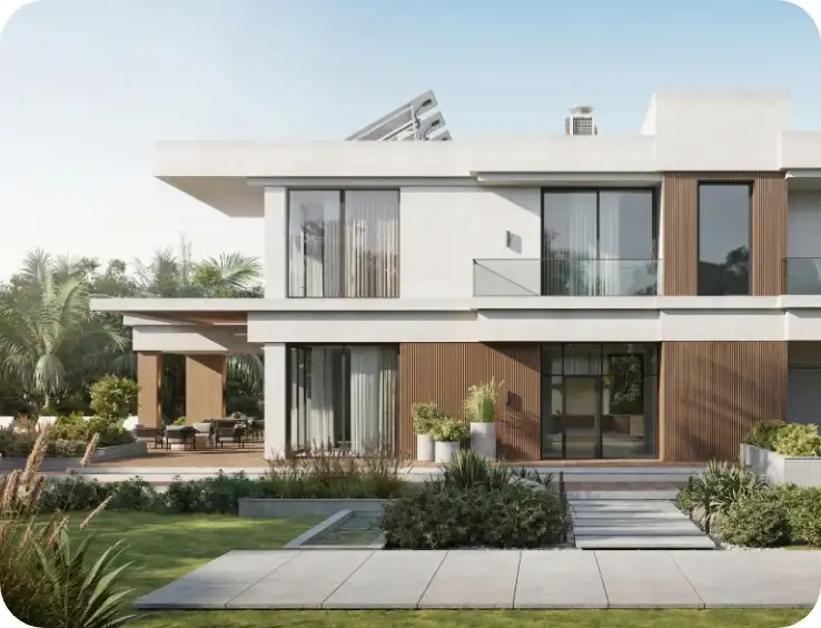 Modern two-storey residential property with white and timber cladding, floor-to-ceiling windows, open lawn area, and landscaped gardens with native plants and trees